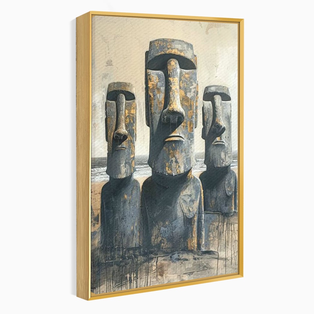 Tablou canvas cu statui moai din piatra, in rama de aluminiu auriu